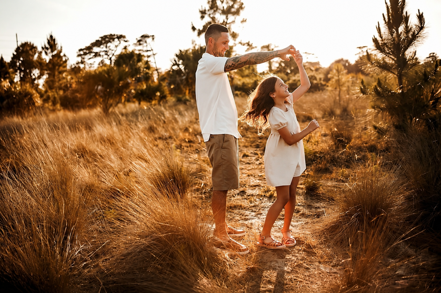 Mark Allen walking with his daughter at golden hour in Kern County