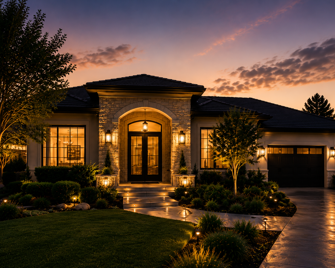 Luxury stone-front home at twilight with warm lit windows